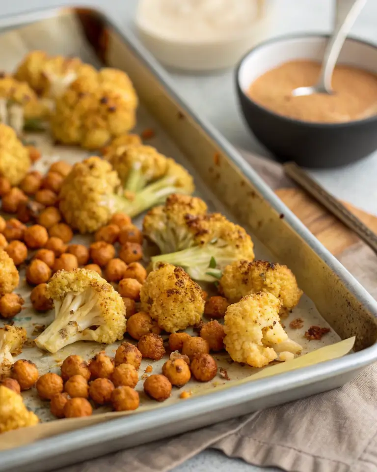 Sheet pan with roasted shawarma cauliflower and crispy chickpeas for cauliflower shawarma bowls.