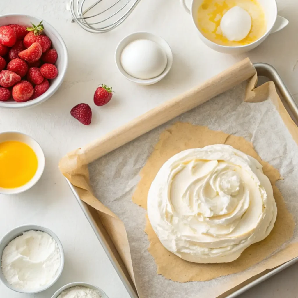 How to make Christmas pavlova with whipped meringue shaped into a nest on a baking tray