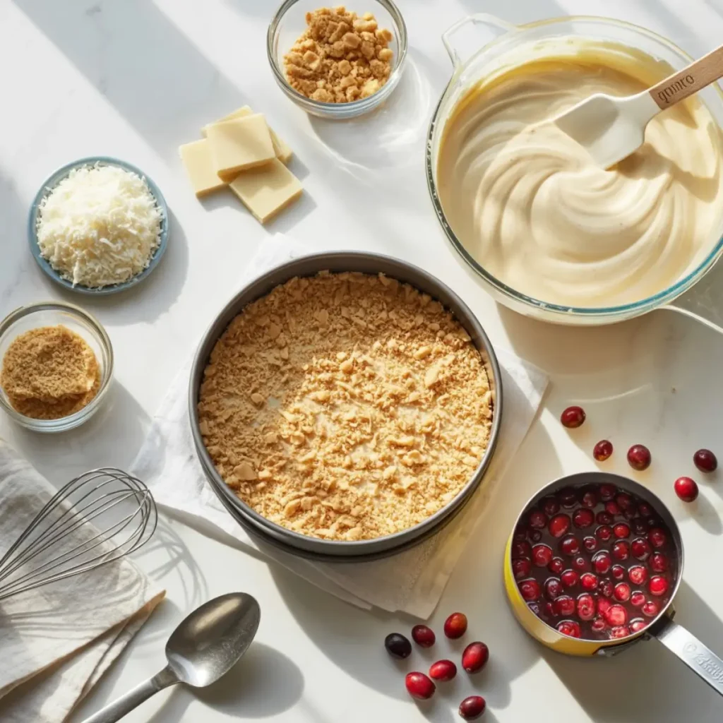 Overhead view of no bake white chocolate coconut cranberry cheesecake in progress with a cookie-coconut crust in a springform pan, creamy white chocolate filling, and cranberry sauce on a bright counter.