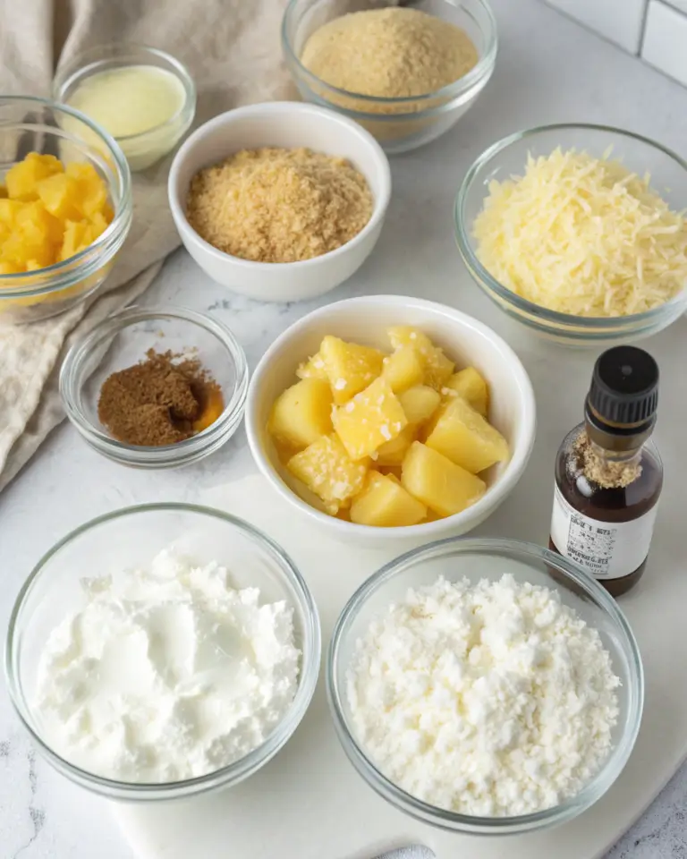 Ingredients for Pineapple Coconut Cheesecake Minis arranged in small bowls on a kitchen counter.