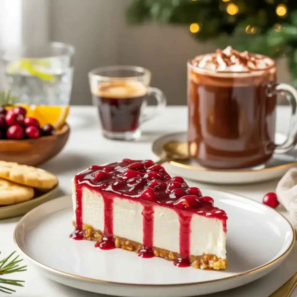 Slice of no bake white chocolate coconut cranberry cheesecake with cranberry topping on a plate, served with hot chocolate and espresso on a cozy Christmas table.