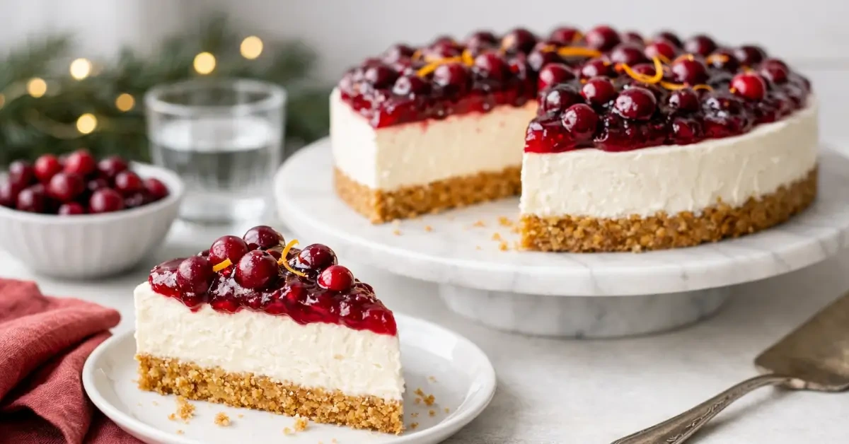 No bake white chocolate coconut cranberry cheesecake with a crunchy cookie crust, creamy white chocolate filling, and glossy cranberry topping on a holiday dessert table.