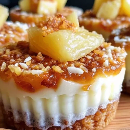 Pineapple Coconut Cheesecake Minis with buttery graham crust, creamy coconut filling, and caramelized pineapple topping on a wooden platter.