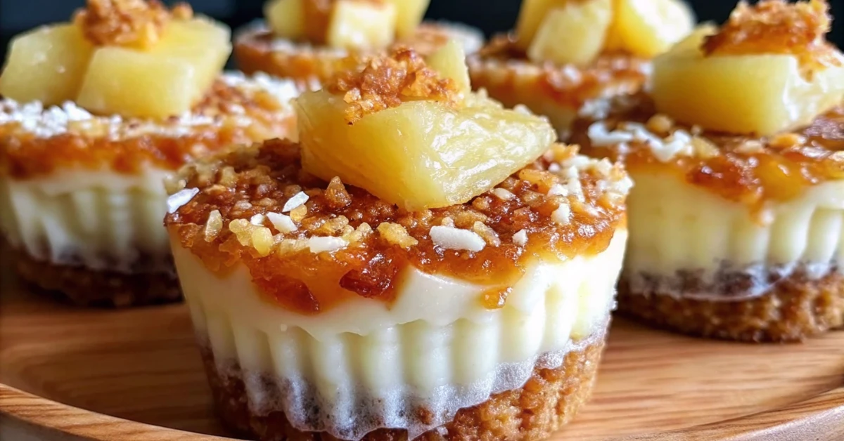 Pineapple Coconut Cheesecake Minis with buttery graham crust, creamy coconut filling, and caramelized pineapple topping on a wooden platter.