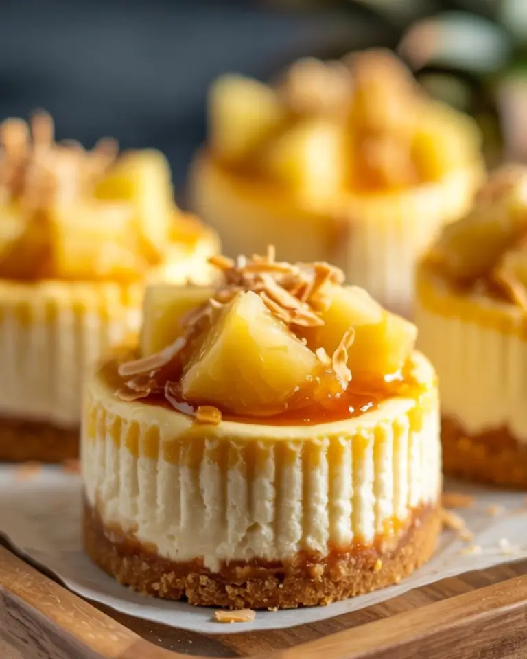 Close-up of a Pineapple Coconut Cheesecake Mini with a graham cracker crust, creamy cheesecake layer, caramel topping, and pineapple chunks with toasted coconut on top.