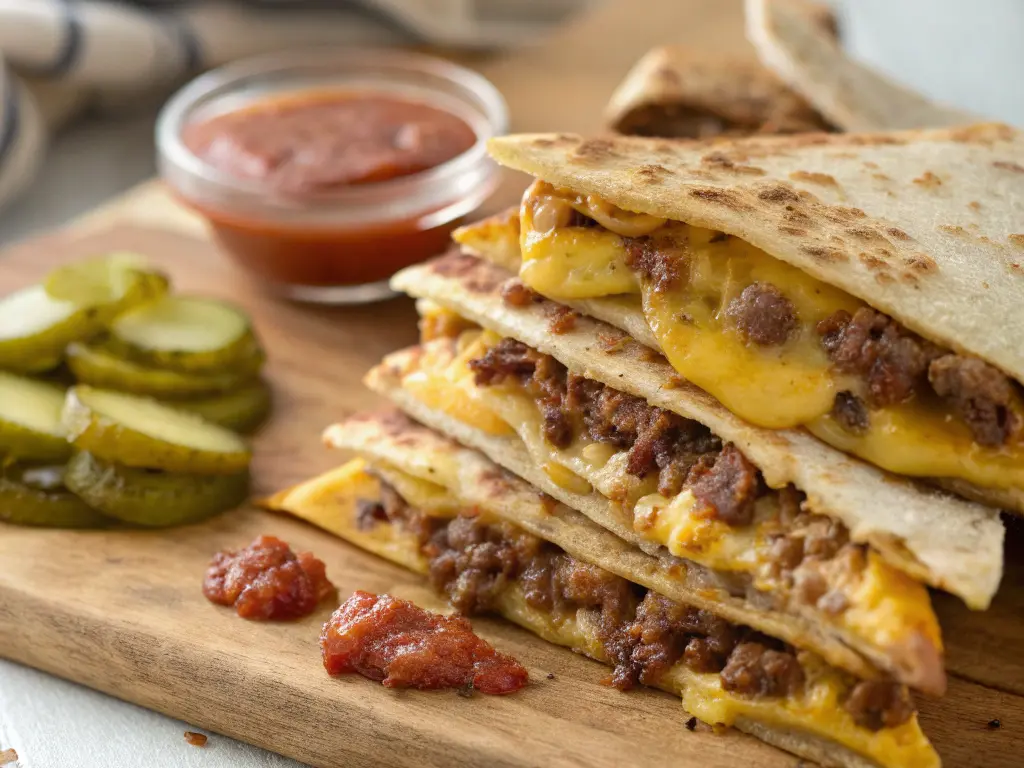 Close-up of crispy cheeseburger quesadillas stacked on a wooden board, filled with gooey melted cheese and seasoned ground beef, served with pickles and dipping sauce.