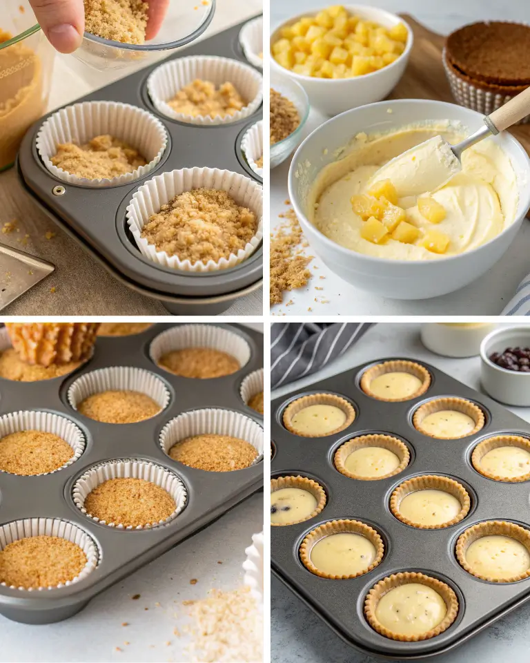 Four-step collage showing how to make Pineapple Coconut Cheesecake Minis: graham cracker crust pressed into muffin liners, creamy pineapple coconut filling in a bowl, baked crusts in the pan, and muffin tin filled with cheesecake batter.