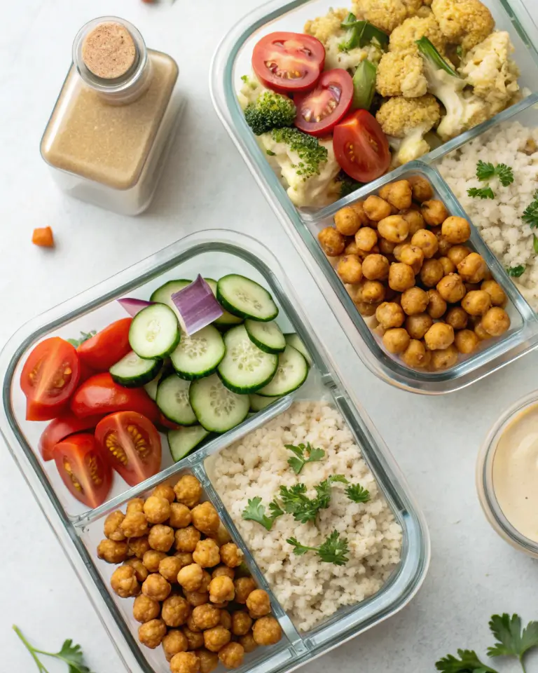 Meal prep containers filled with cauliflower shawarma bowl components—roasted cauliflower, crispy chickpeas, grains, fresh veggies, and tahini sauce.