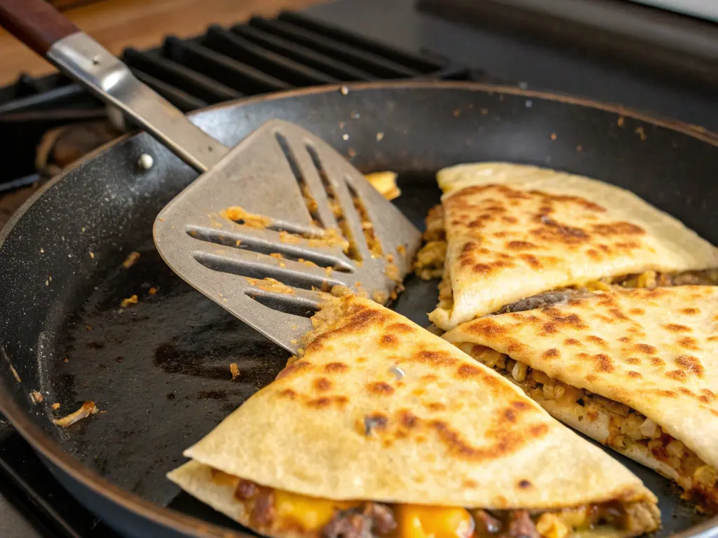 Golden, crispy cheeseburger quesadillas cooking in a skillet, showing how to pan-fry the quesadillas until the tortillas are browned and the cheese is melted.