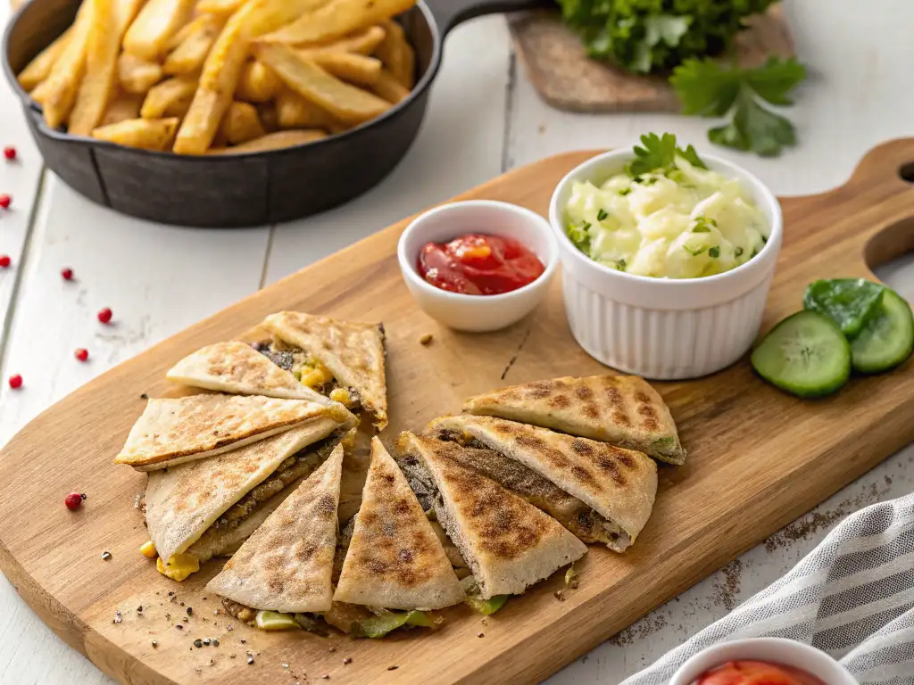 Sliced cheeseburger quesadillas on a wooden board served with French fries, ketchup, creamy slaw, and cucumber slices
