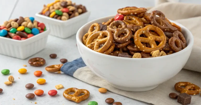Butter toffee pretzels snack mix in a white bowl, with golden toffee-coated mini pretzels, nuts, and candies on a light background.
