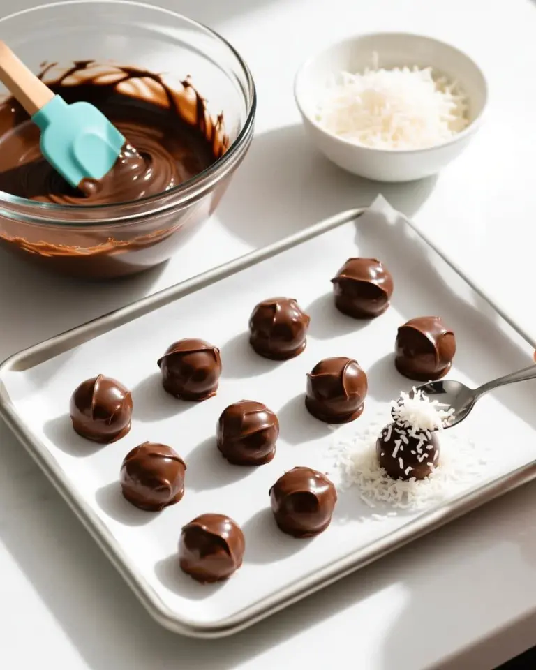 How to make Chocolate Coconut Snowball Truffles with chocolate mixture, coconut, and truffle balls on a tray