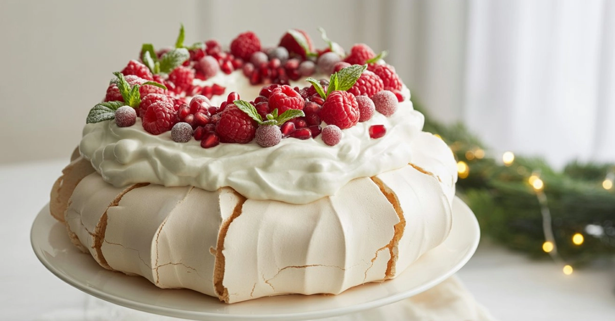 Christmas pavlova topped with whipped cream and festive winter fruit on a holiday dessert table