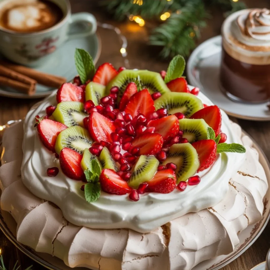 Christmas pavlova served with coffee and hot chocolate for a festive holiday dessert spread