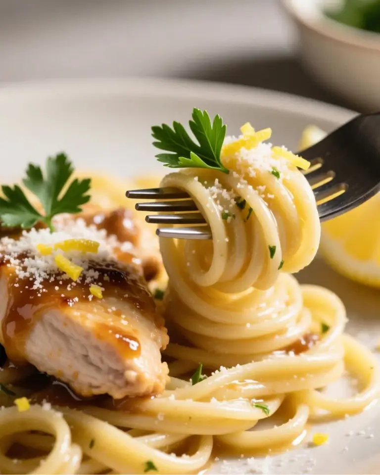 Fork twirl of cowboy butter chicken pasta showing glossy lemon butter sauce