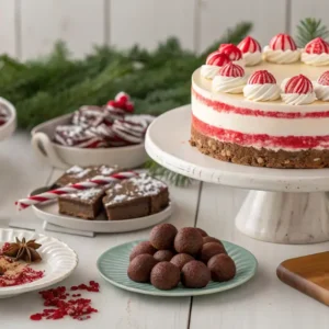 Festive no bake Christmas desserts on a white table, including a peppermint no bake cheesecake, mini dessert cups, fudge squares, and chocolate truffles with evergreen branches in the background.