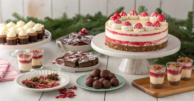 Festive no bake Christmas desserts on a white table, including a peppermint no bake cheesecake, mini dessert cups, fudge squares, and chocolate truffles with evergreen branches in the background.