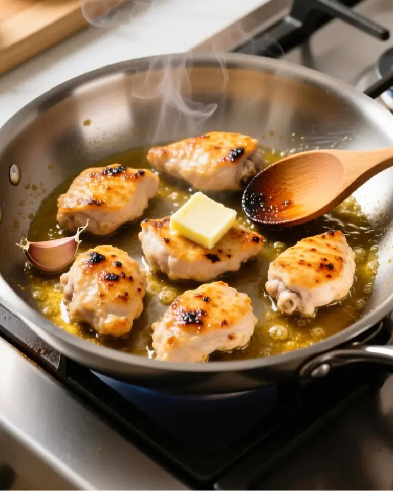 Chicken pieces searing in skillet for cowboy butter chicken pasta