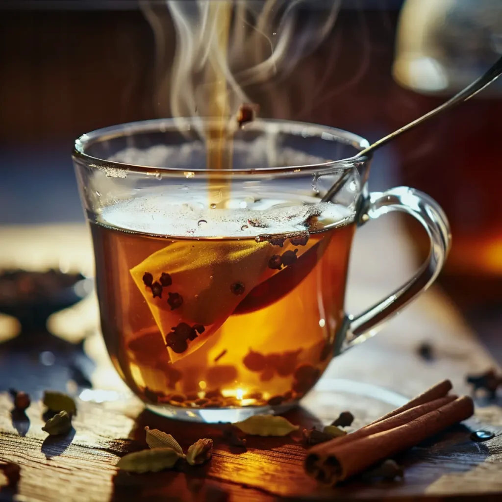 Strong chai tea steeping in a mug for a chai tea latte recipe base.