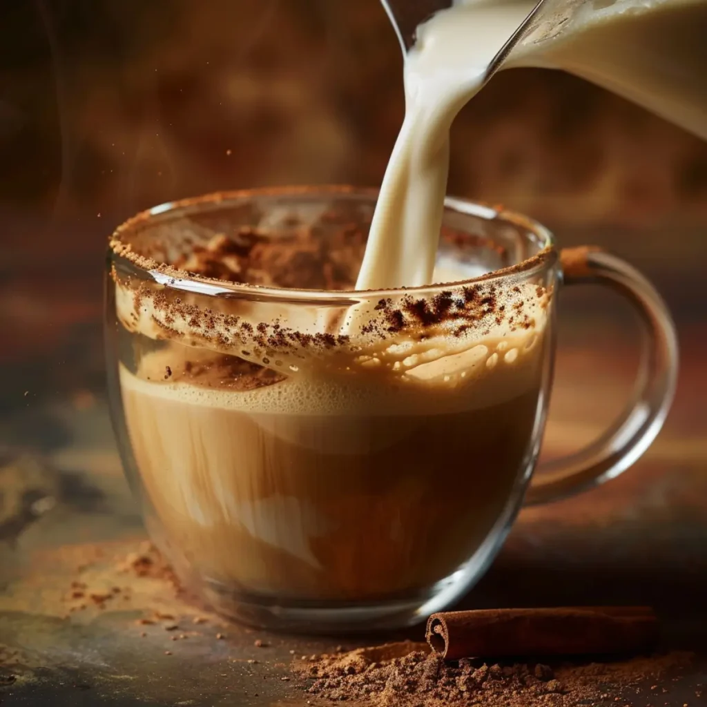 Milk pouring into chai tea creating a creamy swirl for a chai tea latte recipe.
