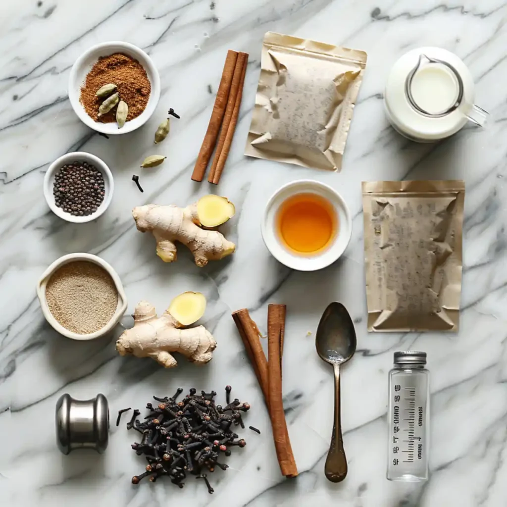 Chai tea latte recipe ingredients including chai tea bags, milk, sweetener, and warm spices on a light surface.