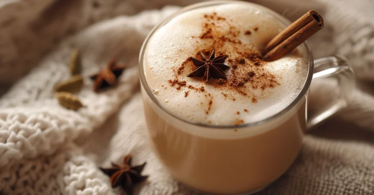 Chai Tea Latte Recipe (Hot + Iced, Café-Style) Hot chai tea latte in a clear mug with foamy top and cinnamon dusting for a chai tea latte recipe.