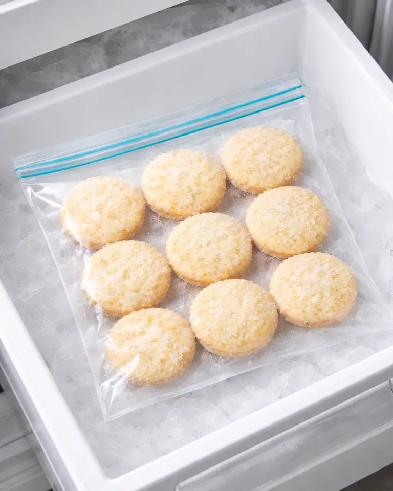 Freezing baked lemon sugar cookies in a freezer-safe bag