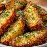Garlic Parmesan Potato Wedges in a gray bowl, baked until golden and crispy, topped with grated Parmesan and fresh parsley.