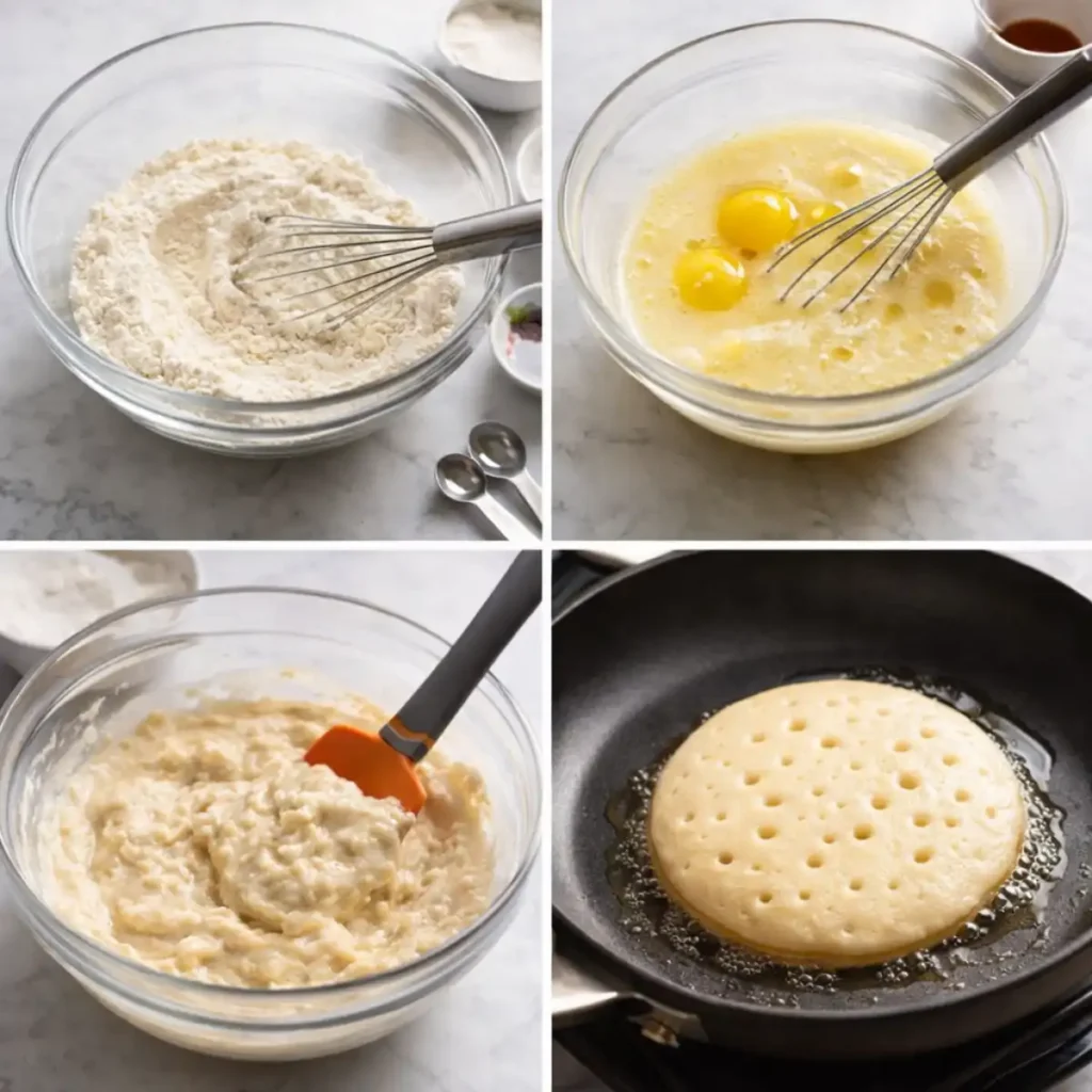 Step-by-step collage showing how to make fluffy pancakes from scratch, including mixing dry ingredients, whisking wet ingredients, folding batter, and cooking pancakes until bubbles form.