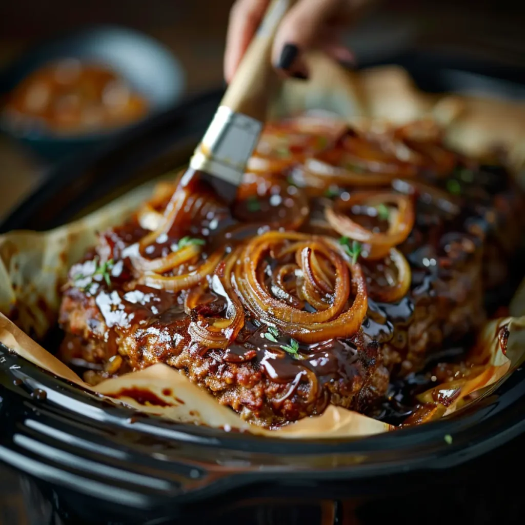 Glazing slow cooker French onion meatloaf in a lined crockpot before cooking.