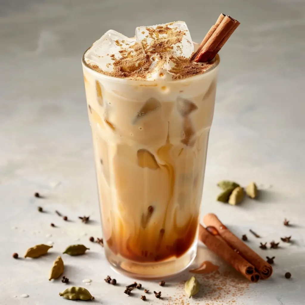 Iced chai tea latte in a tall glass with ice and cinnamon for an iced chai tea latte recipe.