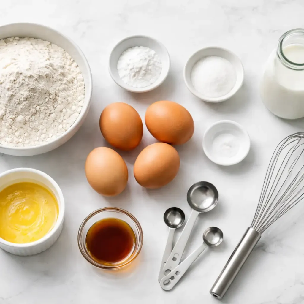 Ingredients for fluffy pancakes from scratch including flour, eggs, milk, baking powder, butter, and vanilla.