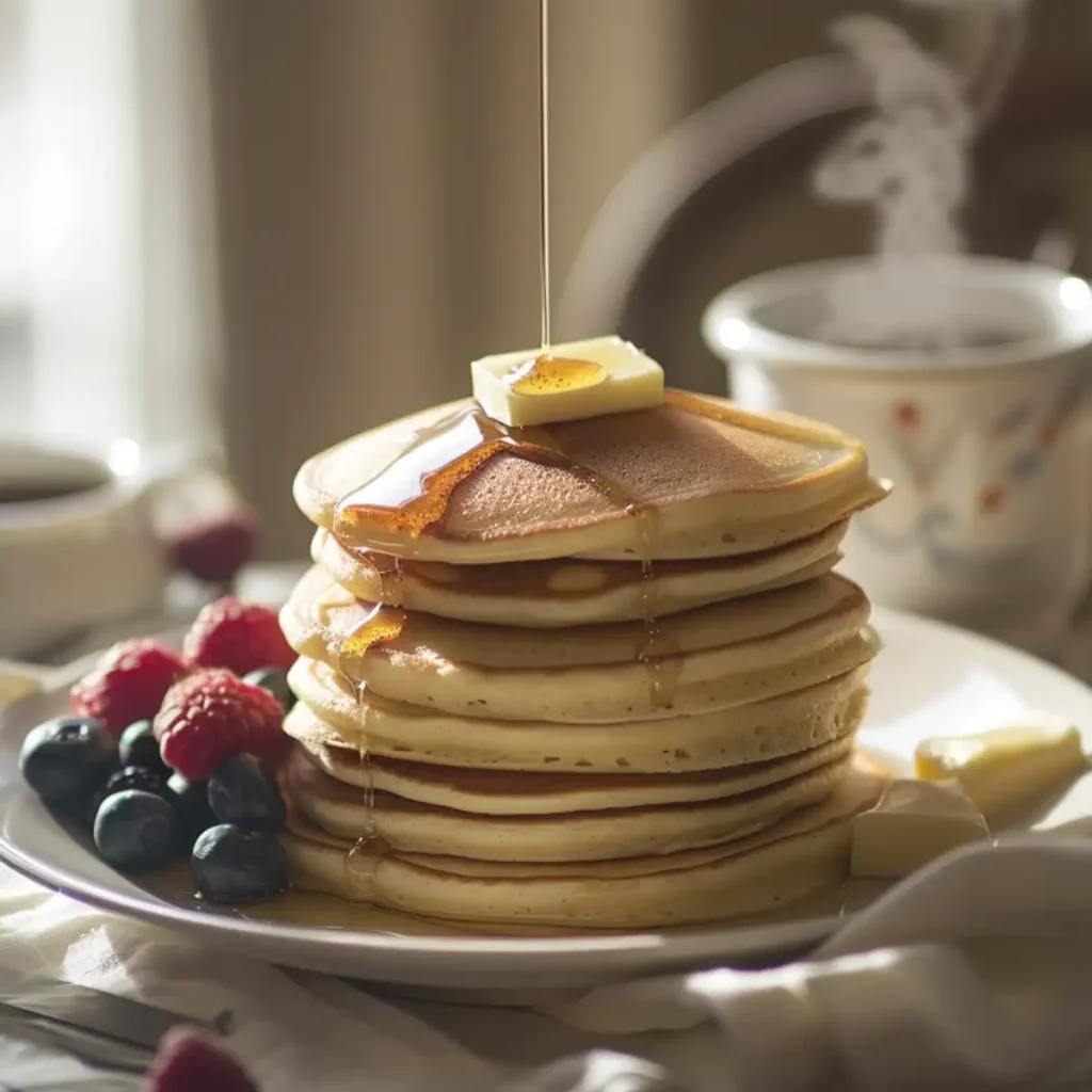 Cozy brunch serving idea featuring a stack of fluffy pancakes with maple syrup, butter, berries, and coffee on the table.