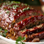 Slow cooker French onion meatloaf sliced on a platter with caramelized onions and glossy glaze.