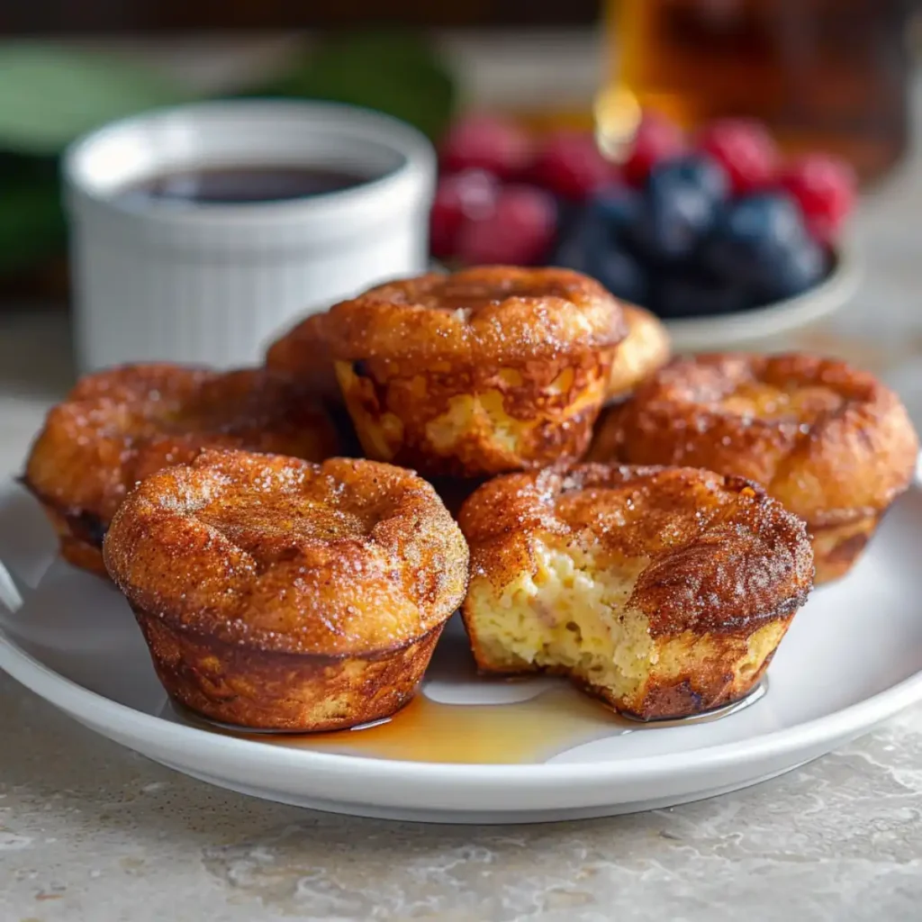 Cinnamon sugar French toast muffins on a plate with one muffin split open showing a soft custardy center and crisp golden edges.