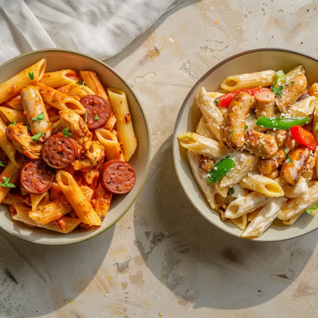 Two bowls of Cajun chicken and sausage pasta showing tomato-cream sauce versus white parmesan cream sauce.