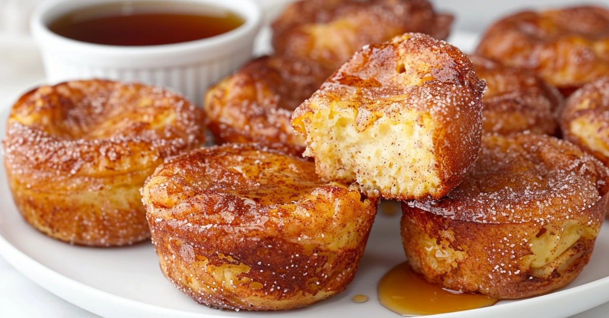 Cinnamon sugar French toast muffins with golden tops and a soft custardy center.