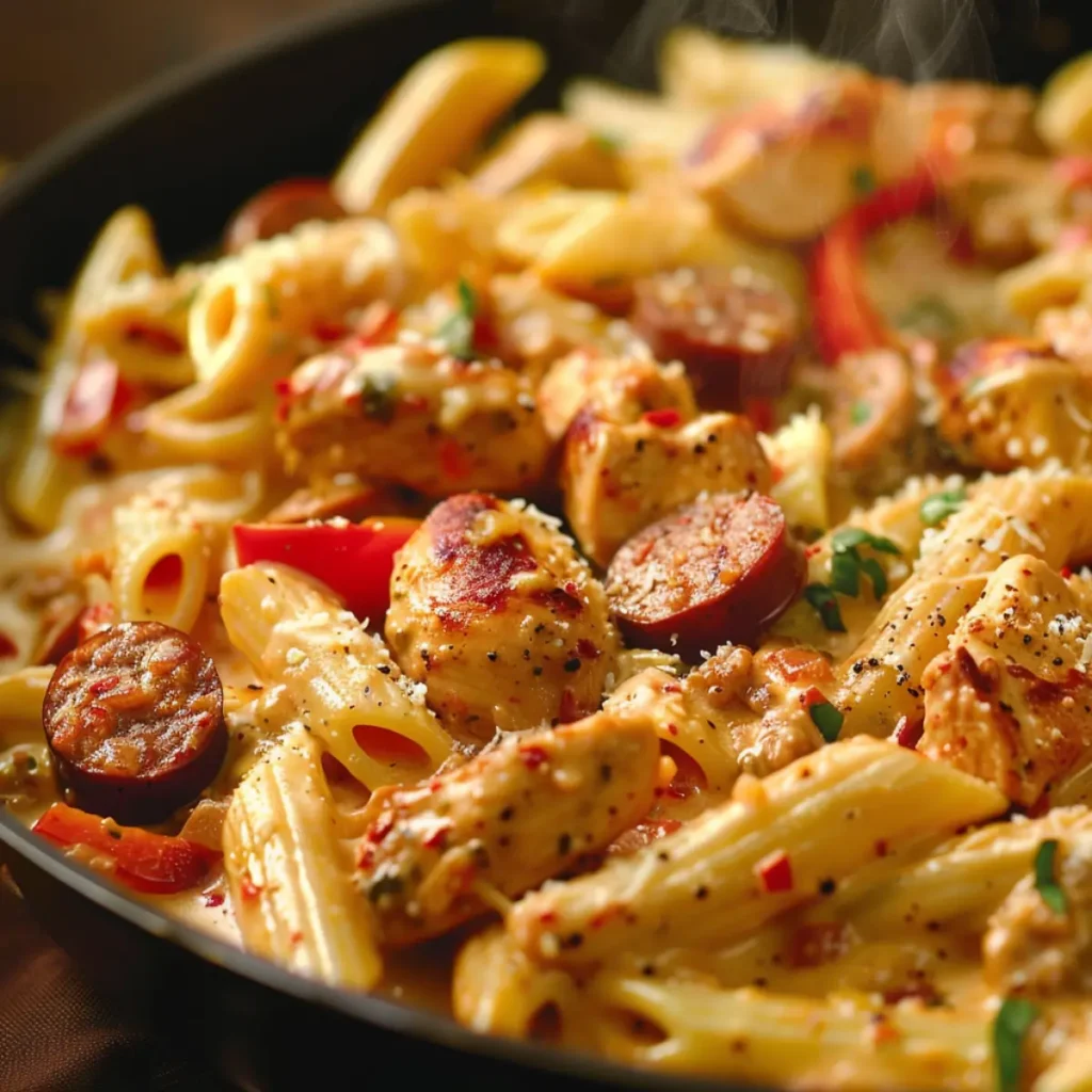 Close-up of creamy Cajun chicken and sausage pasta with penne coated in parmesan cream sauce.
