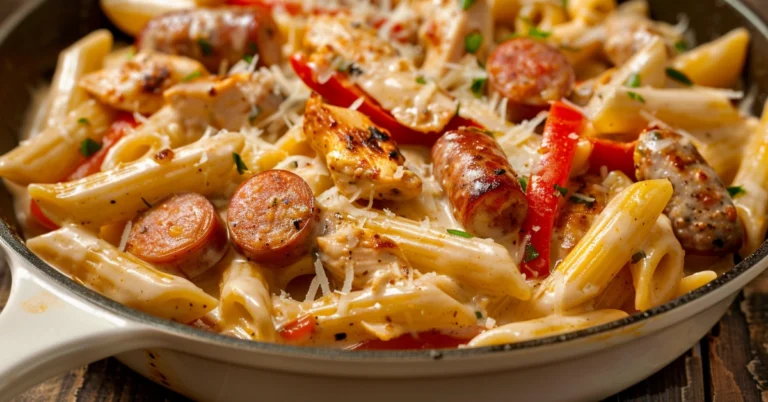 Creamy Cajun Chicken and Sausage Pasta Skillet Creamy Cajun chicken and sausage pasta skillet with penne, peppers, and parmesan cream sauce.