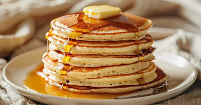 How to make fluffy pancakes recipe Fluffy pancakes stacked with melting butter and maple syrup for a fluffy pancakes recipe.