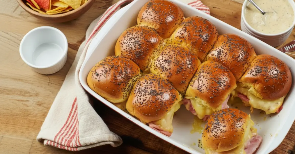 Golden-brown baked ham and cheese sliders on Hawaiian rolls, topped with a savory poppy seed butter glaze and melted Swiss cheese, served on a rustic wooden board.
