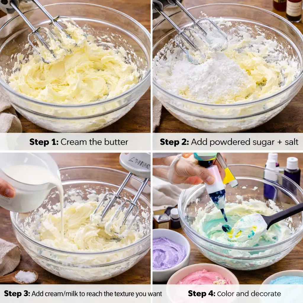 Step-by-step collage showing how to make sugar cookie frosting that hardens: creaming butter, mixing in powdered sugar and salt, adding cream for consistency, then coloring and decorating.