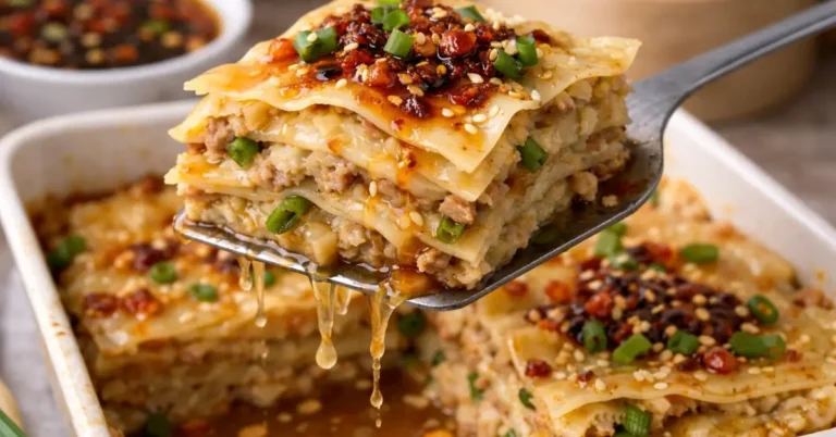 Viral Soup Dumpling Lasagna Recipe | Easy TikTok Dinner Viral soup dumpling lasagna recipe slice with wonton wrapper layers, juicy filling, chili crisp, scallions, and sesame seeds