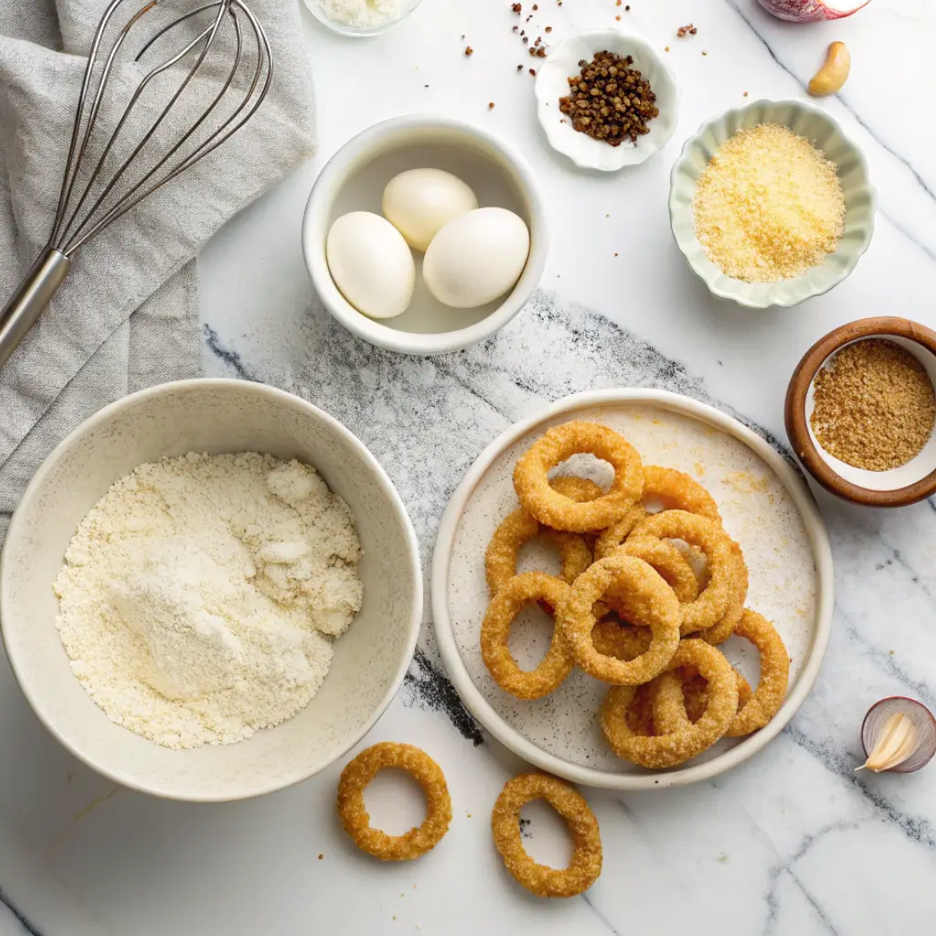 Breading station for cheesy mozzarella stuffed onion rings with seasoned flour, beaten eggs, and panko breadcrumbs lined up for coating stuffed onion rings