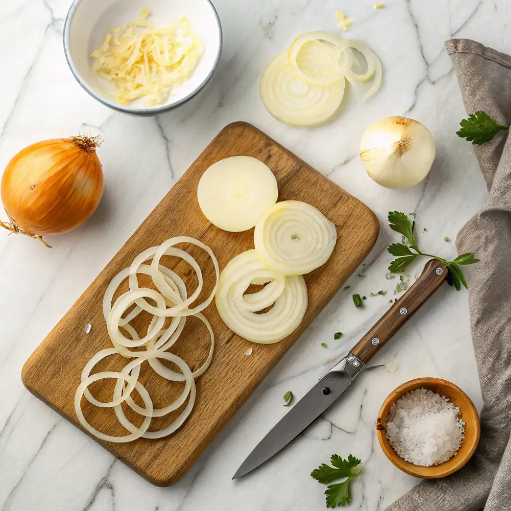 Preparing onions for cheesy mozzarella stuffed onion rings with thick sliced onion rounds and paired rings arranged on a cutting board for stuffing with cheese