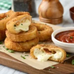 Cheesy mozzarella stuffed onion rings served with marinara sauce, featuring crispy breaded onion rings filled with melted cheese and a visible cheese pull