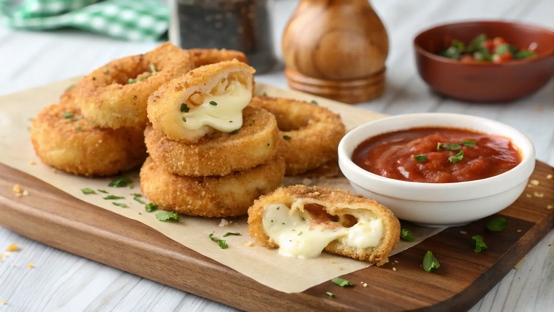 Cheesy mozzarella stuffed onion rings served with marinara sauce, featuring crispy breaded onion rings filled with melted cheese and a visible cheese pull