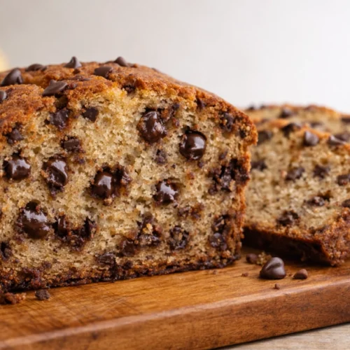 Chocolate chip banana bread recipe slice on a wooden board with melty chips and moist crumb.