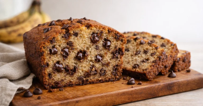 Chocolate Chip Banana Bread Recipe (Ultra Moist, Bakery-Style, No Mixer) Chocolate chip banana bread recipe slice on a wooden board with melty chips and moist crumb.