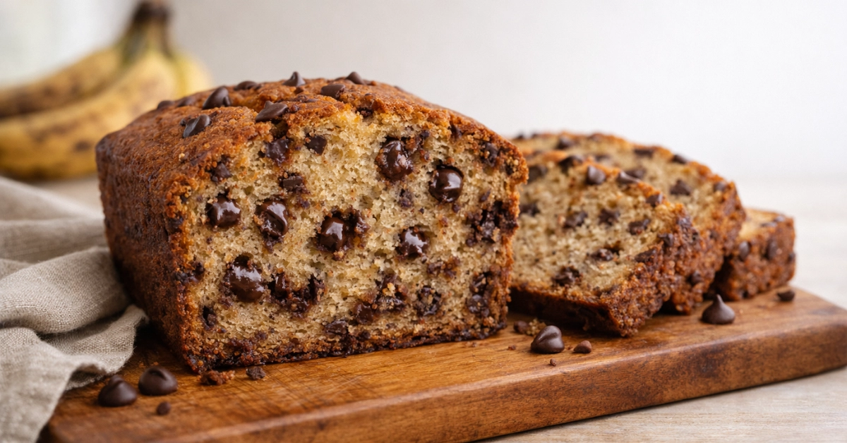 Chocolate chip banana bread recipe slice on a wooden board with melty chips and moist crumb.
